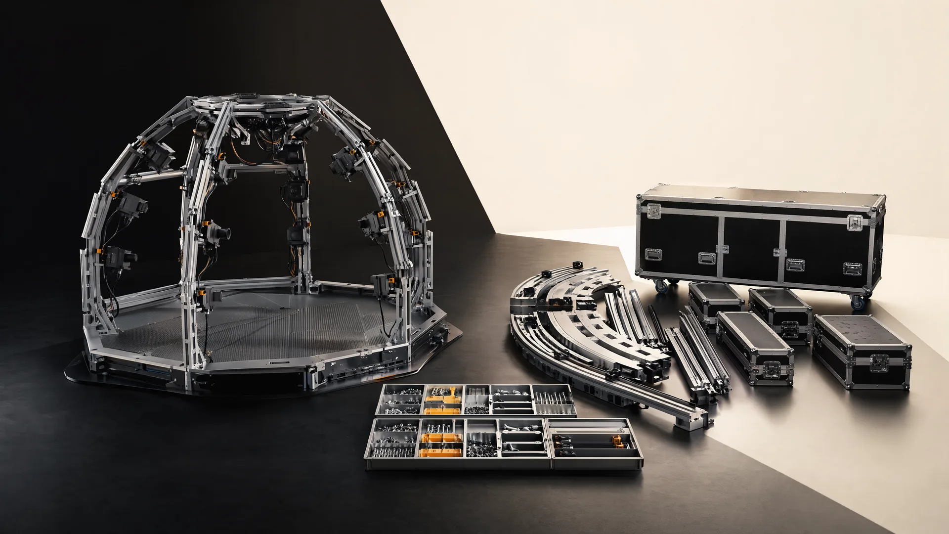 Representative assembled dome, detached modules and transport cases