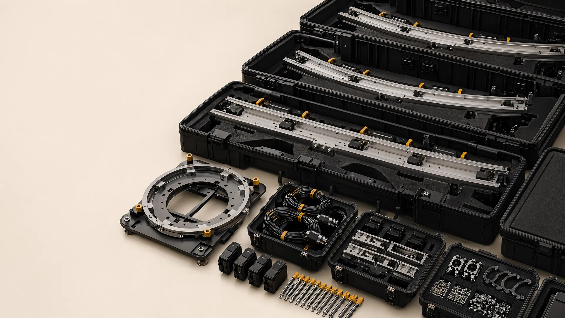 Representative modular frame sections and transport cases for an inquiry brief